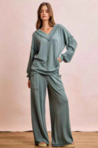 BiBi Two Tone Cord Rib Contrast Stitching V-Neck Top and Pants Set 19bd2939b96c46519cb1669bec3a1b67-Max-Origin