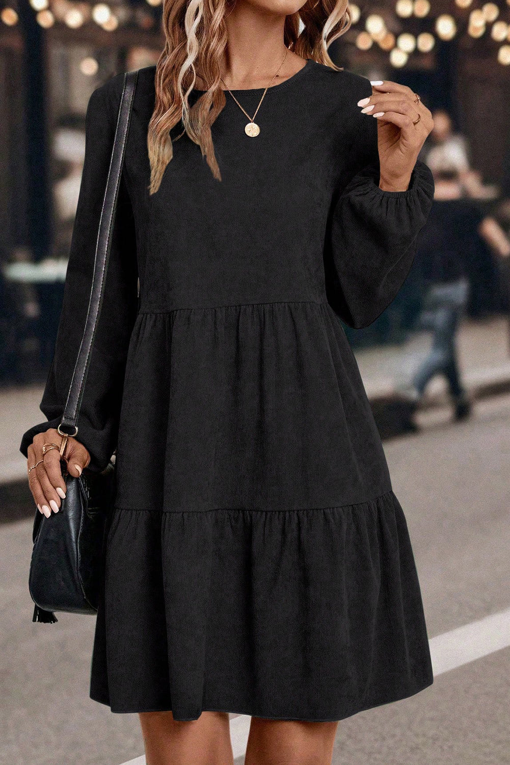 Dark Brown Lantern Sleeve Tiered Mini Dress 19c3f8ccce5f5d85