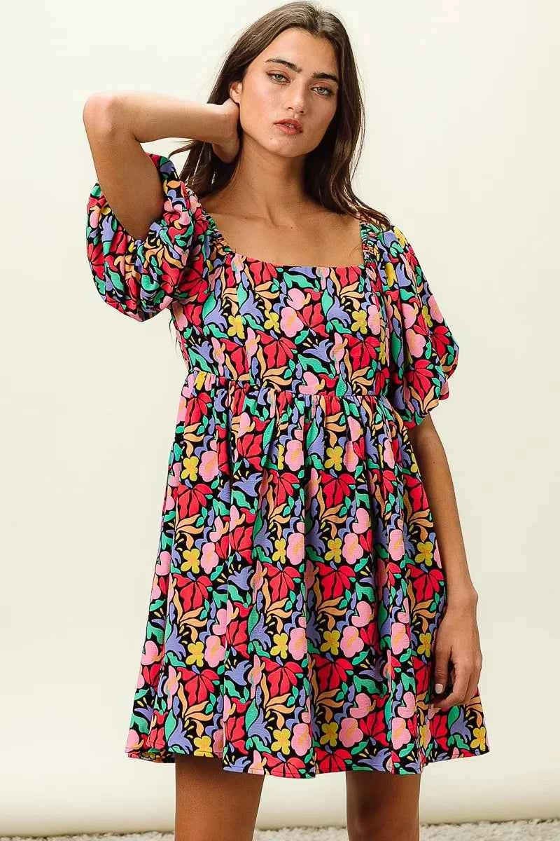 BiBi Floral Print Puff Square Neck Dress 19c59c1d12354e8fb40dde14e0f856ff-Max-Origin
