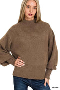Zenana Balloon Sleeve Mock Neck Sweater BROWN 19cde6235fe644ee9d6a23f530b8d4f1-Max-Origin
