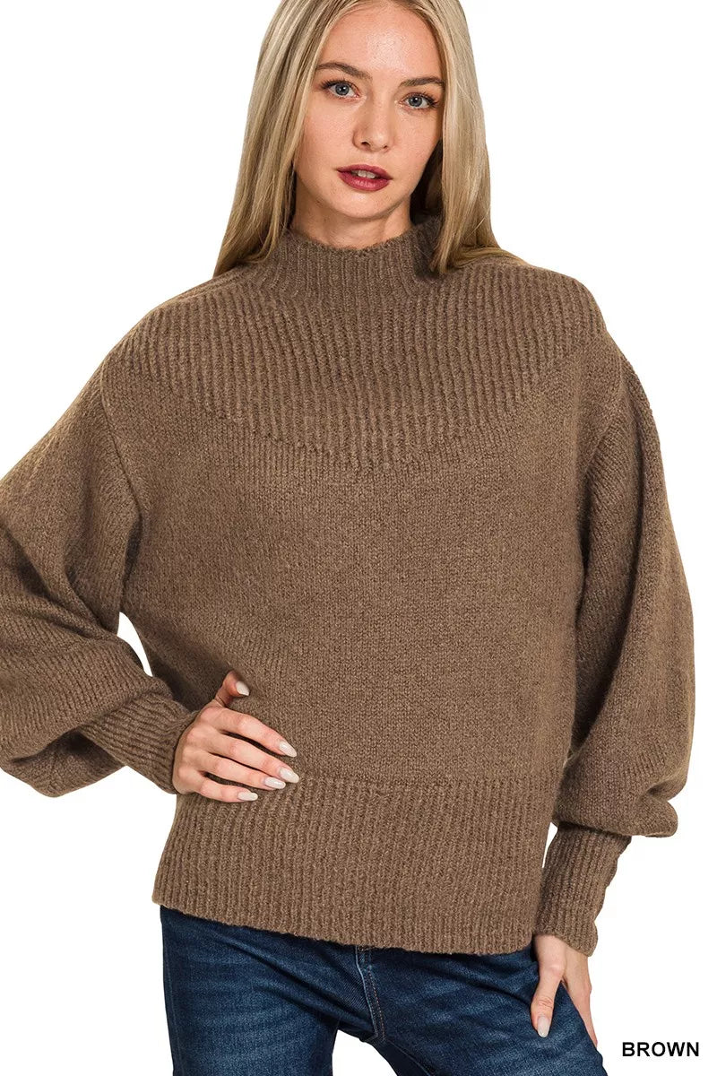Zenana Balloon Sleeve Mock Neck Sweater BROWN 19cde6235fe644ee9d6a23f530b8d4f1-Max-Origin