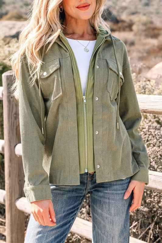 Textured Knit Pocketed Drawstring Hooded Jacket Laurel Green 19db5251-a66b-4354-a43f-462ae59d1a37