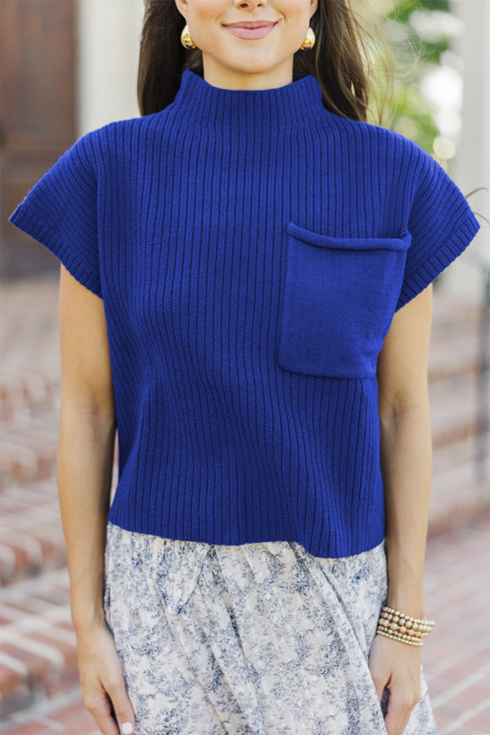 Green Patch Pocket Ribbed Knit Short Sleeve Sweater 19dccb61c1f56794