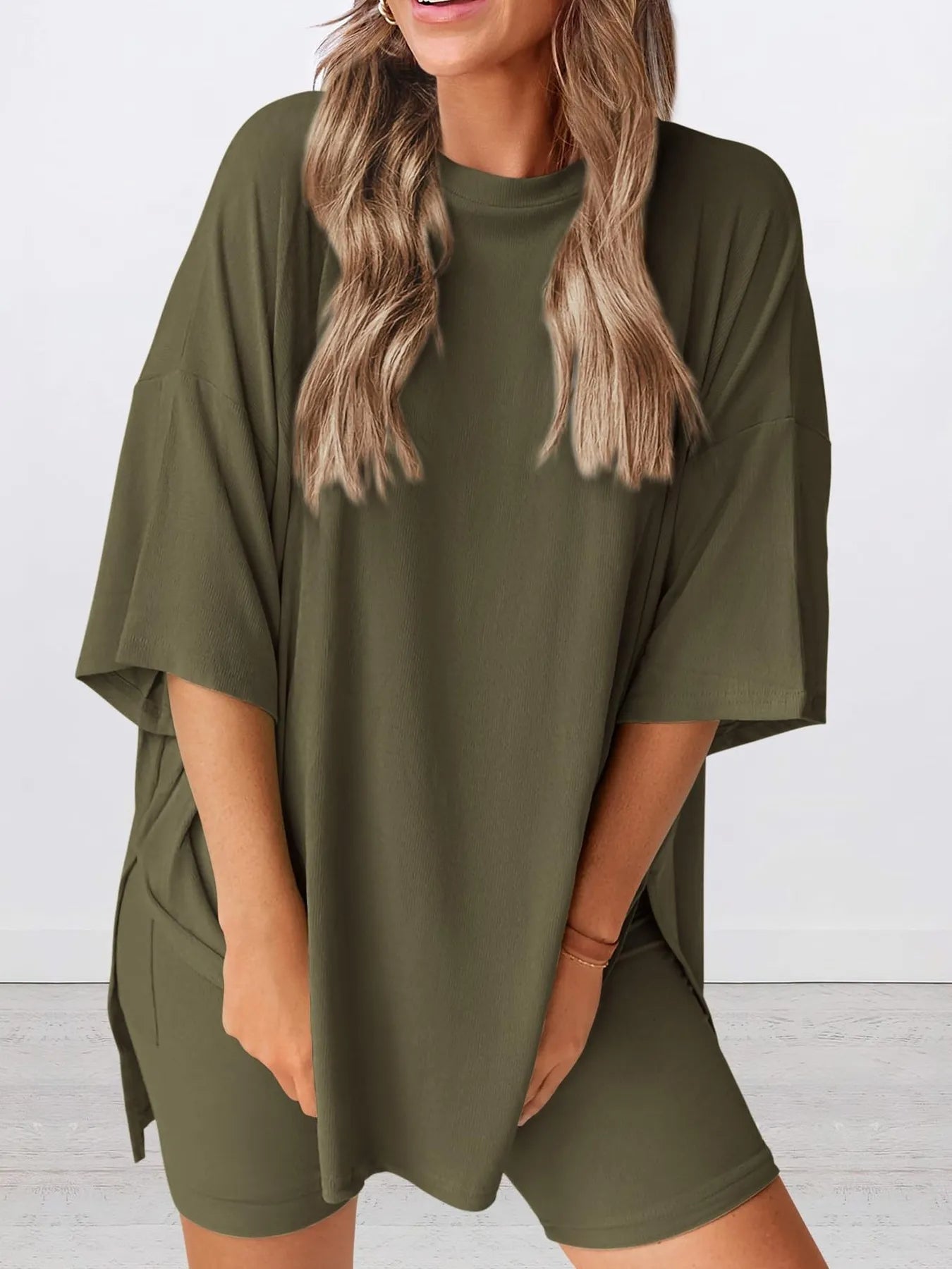Full Size Oversized Slit Round Neck Top and Shorts Lounge Set Plus Size Army Green 19dfa2babb794d08947a10c81115e10b-Max-Origin