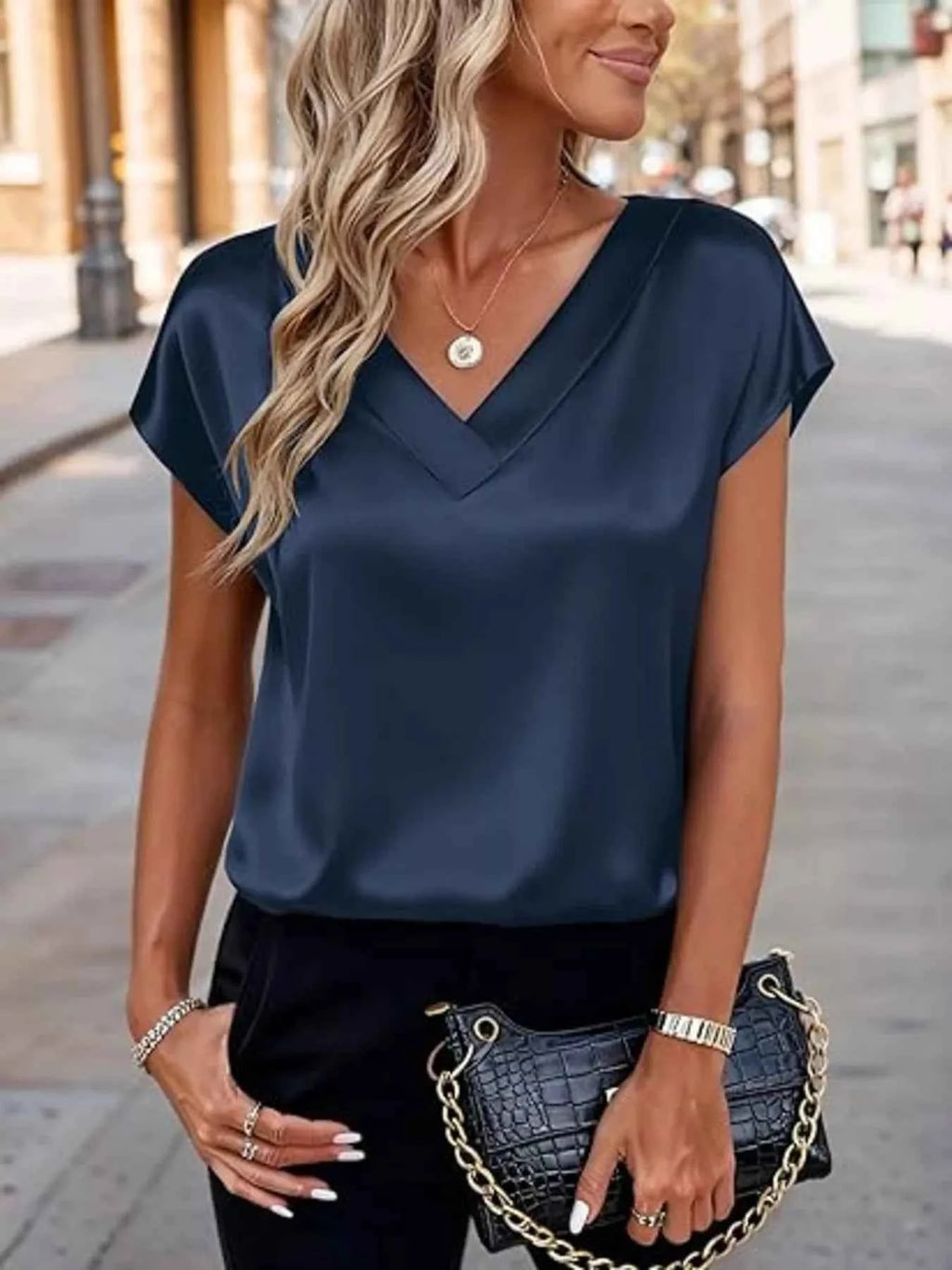 Satin V-Neck Short Sleeve Blouse 19e02f6f45134938a527b5c56bd539df-Max-Origin