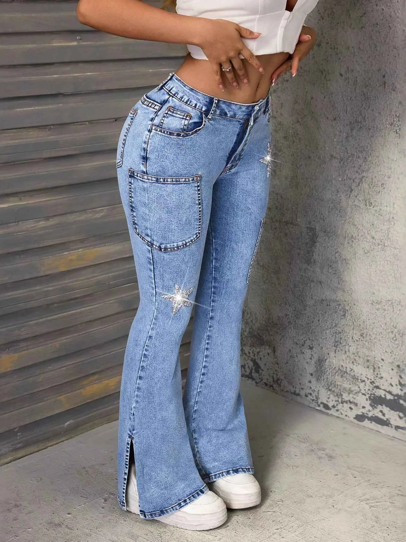 Slit Star Flare Leg Jeans 19e13f64980c4f3286e2ca7a73f6464f-Max-Origin
