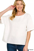 Zenana Linen Round Neck Cuffed Sleeve Top OFF WHITE 19e24e23503d40b9884426e7485b1621-Max-Origin