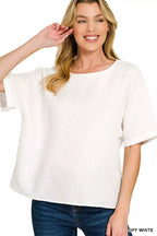 Zenana Linen Round Neck Cuffed Sleeve Top OFF WHITE 19e24e23503d40b9884426e7485b1621-Max-Origin