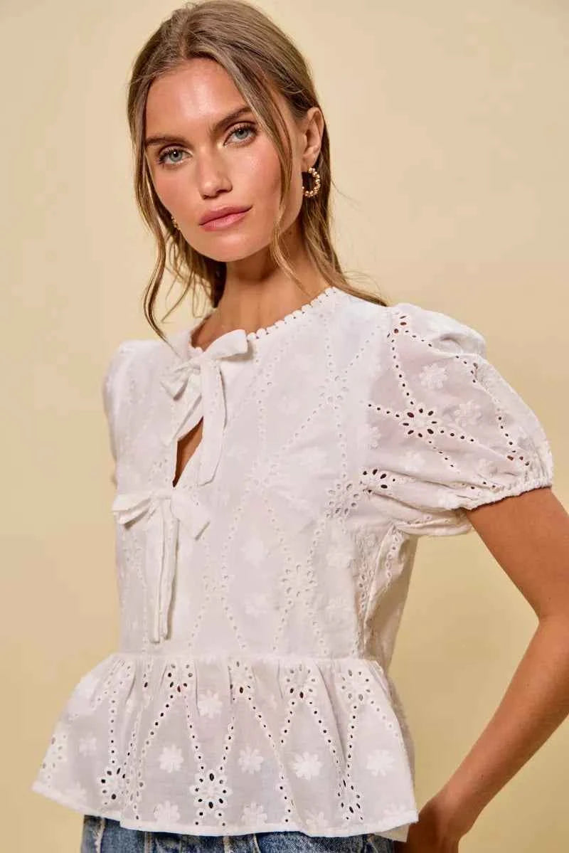 SO ME Cotton Eyelet Front Tie Short Sleeves Blouse 19e6d5d1d2d645fdb980709323e213c5-Max-Origin