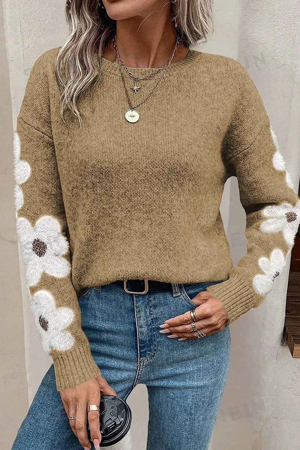 Flower Round Neck Long Sleeve Sweater Camel 19ea49a3-3458-4aa7-bc53-003e9dfd3272-Max
