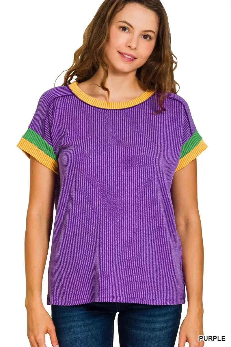 Zenana Mardi Gras Raised Rib Contrast Trim Top PURPLE 19ed092b63cb4d33a9001914dfccac82-Max-Origin