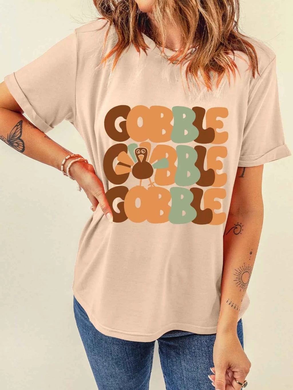 GOBBLE Turkey Graphic Thanksgiving Round Neck Tee Tan 19f1011ecf624aee9126b3b10976178d-Max-Origin