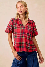 BiBi Christmas Plaid Short Sleeves Ruffled Blouse 19f15b3feab649ac82b11763aacdf64e-Max-Origin