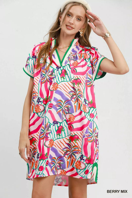 Tropical Print Collared Shift Dress BERRY MIX 19f1e6a6-bc9e-4f78-ab0f-e44452c442a7-Max-Origin