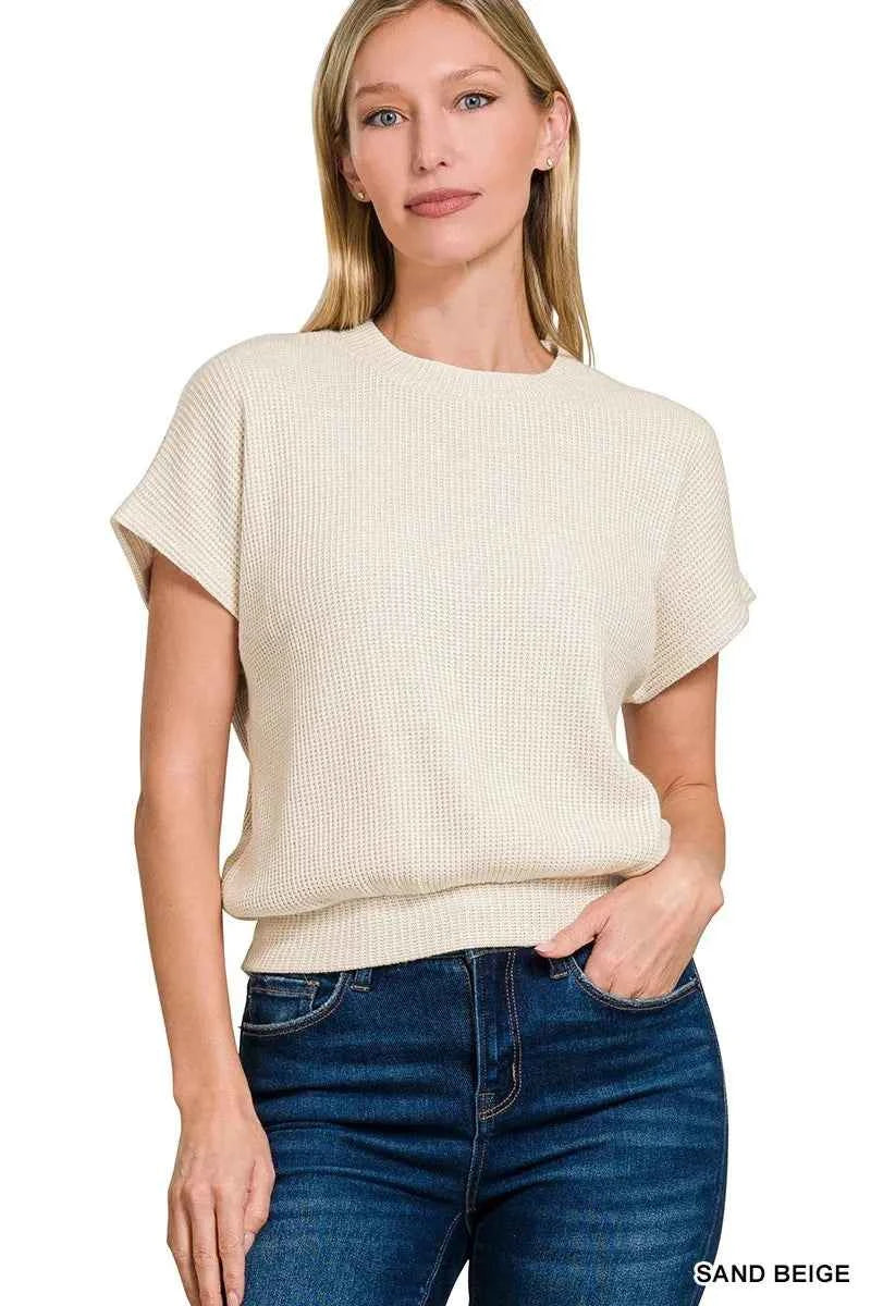 Zenana Round Neck Banded Botton Short Sleeve Sweater SAND BEIGE 19f63ca78e0d44c5b82536eb722ece3d-Max-Origin