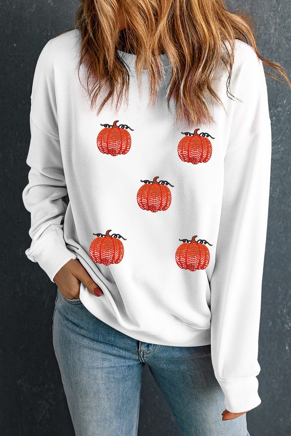 White Sequin Pumpkin Patched Drop Shoulder Sweatshirt 19fb4007ca4bac6b