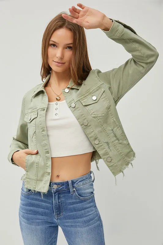 RISEN Full Size Raw Hem Button Up Cropped Denim Jacket Plus Size 19fea89b-6082-4b3a-9156-8a408cd8da48-Max