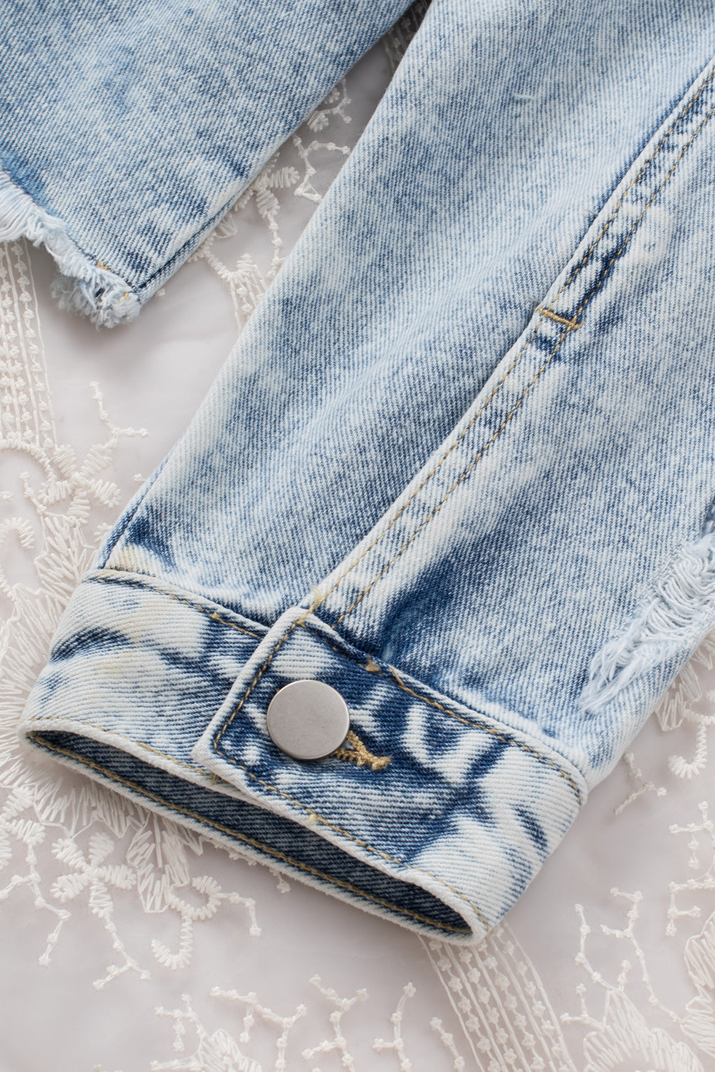 Light Blue Distressed Ripped Raw Hem Buttons Denim Jacket 19ff8ad4c2c9762c