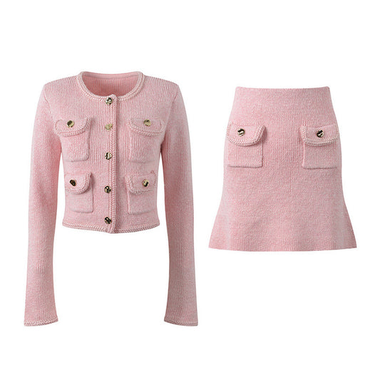 Pink Round-Neck Knit Skirt Set