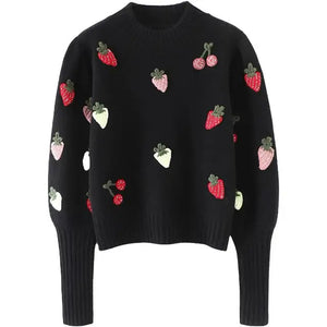 Strawberry Embroidered Knit Sweater black One Size 1D42D18053F2F5B3EE37200552DCEC78