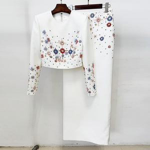 Beaded Short Top & Long Skirt Two-Piece Set White 1E0F016EFA1DBD29671AFE8A2991B86B