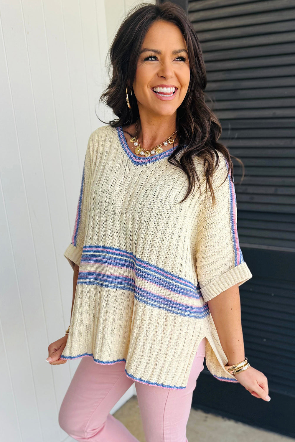 White Striped V Neck Dolman Sleeve Knit Sweater 1a060e33c1f12d84
