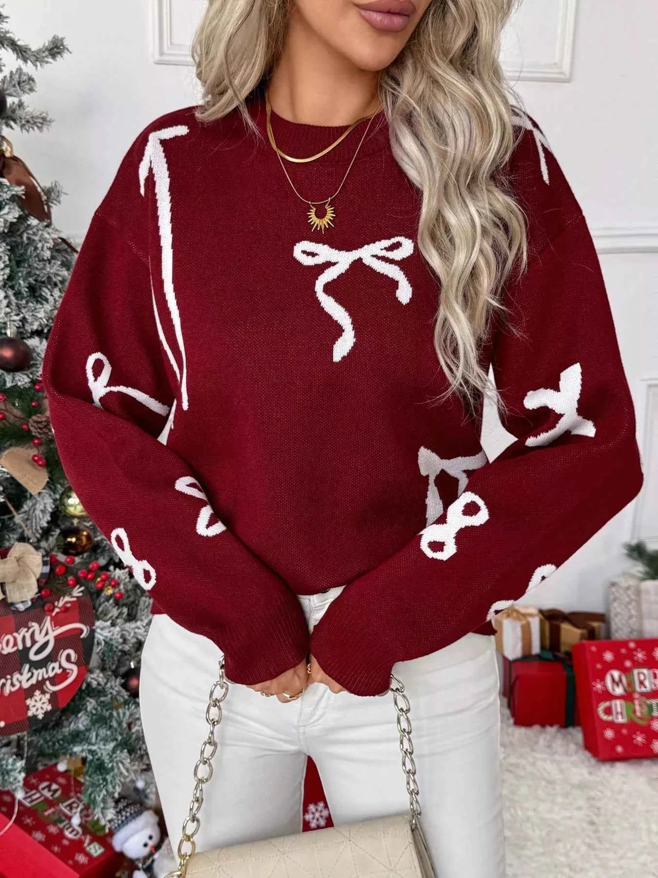 Bow Round Neck Long Sleeve Sweater 1a0649766dda4395bd151bc9b04398db-Max-Origin