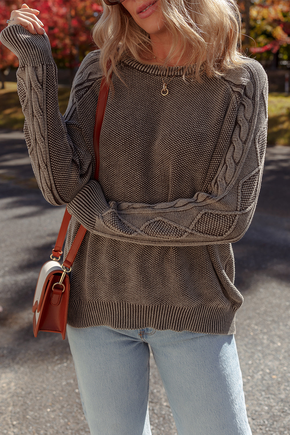 Dark Brown Cable Knit Raglan Sleeve Casual Sweater 1a0a627e6910e14f