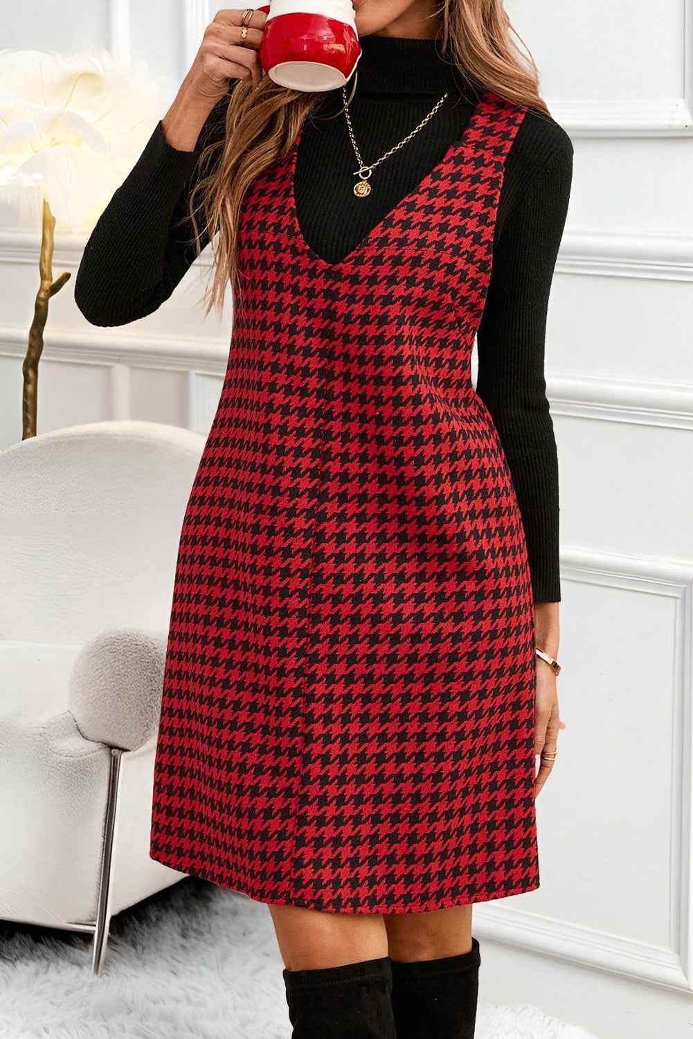 Red Houndstooth Print V Neck Sleeveless Mini Dress Red 100%Polyester 1a0ad916534494aa