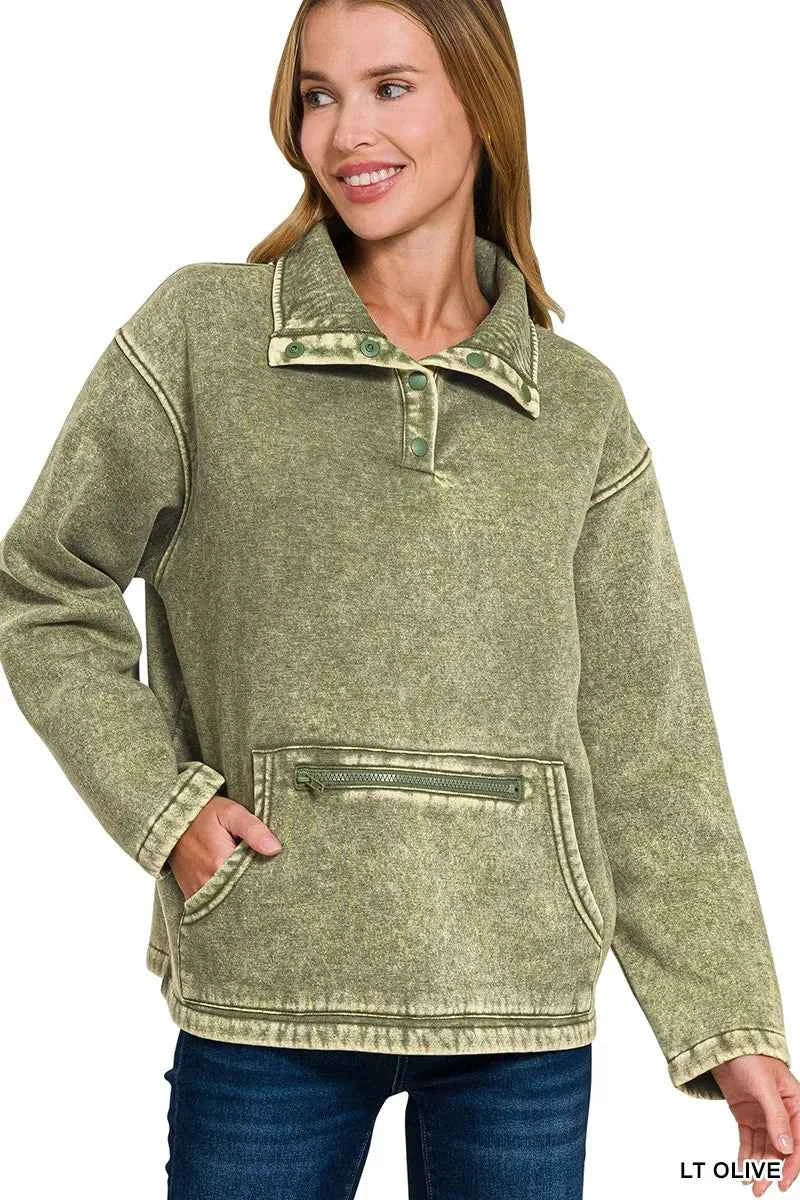 Zenana Fleece Washed High Neck Kangaroo Pocket Sweatshirt LT OLIVE 1a0db19e42994815a92b715a50c3c073-Max-Origin