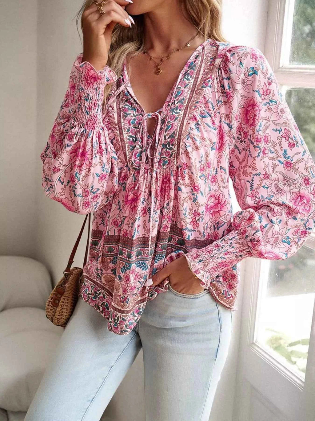 Floral Print Tie Neck Bohemian Blouse 1a0e029b-5b0d-4445-9306-9cca5206e40e-Max-Origin