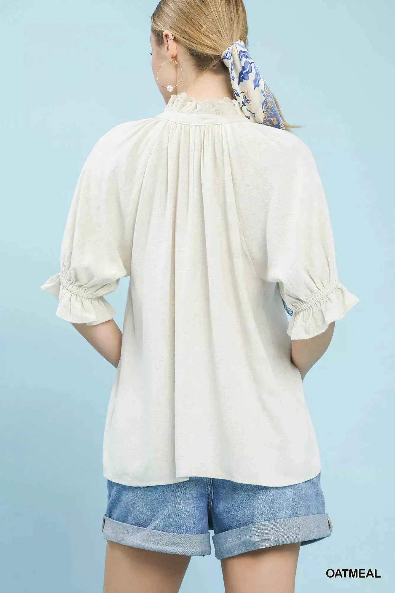 Umgee Linen Scalloped Ruffle Neck Blouse 1a153cf5-788f-4630-b32d-f69db815778c-Max-Origin