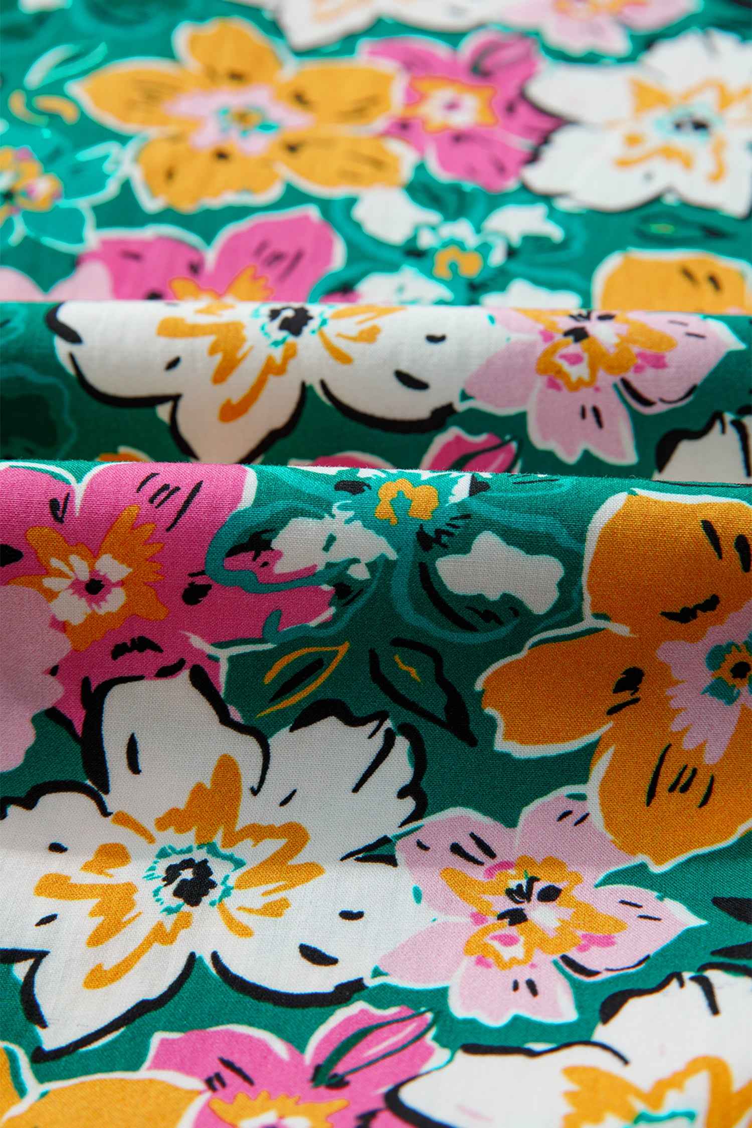 Green Floral Print Contrast Trim Frilled V Neck 3/4 Sleeve Blouse 1a154a872839a00e