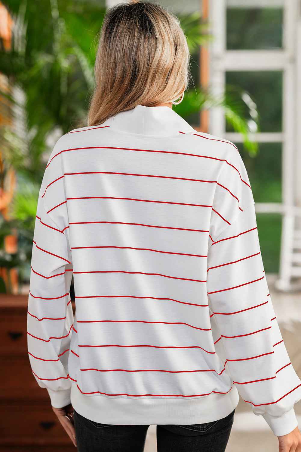 Fiery Red Striped Zipper V-Neck Drop Sleeve Top 1a16bc43680c7959