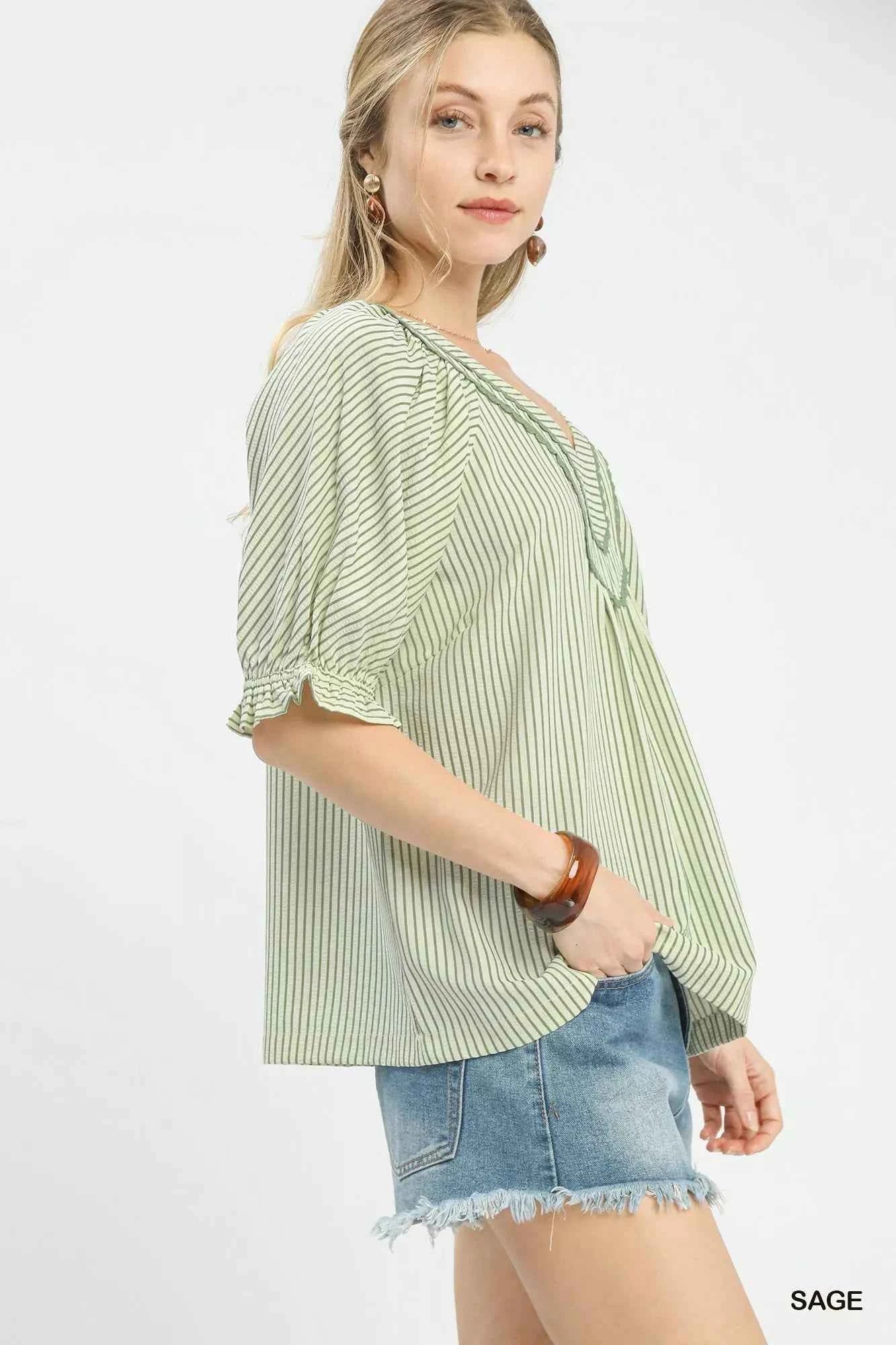 Umgee Stripe V-Neck Blouse 1a1818cc-102c-4b63-ba3f-40c229a2d19d-Max-Origin