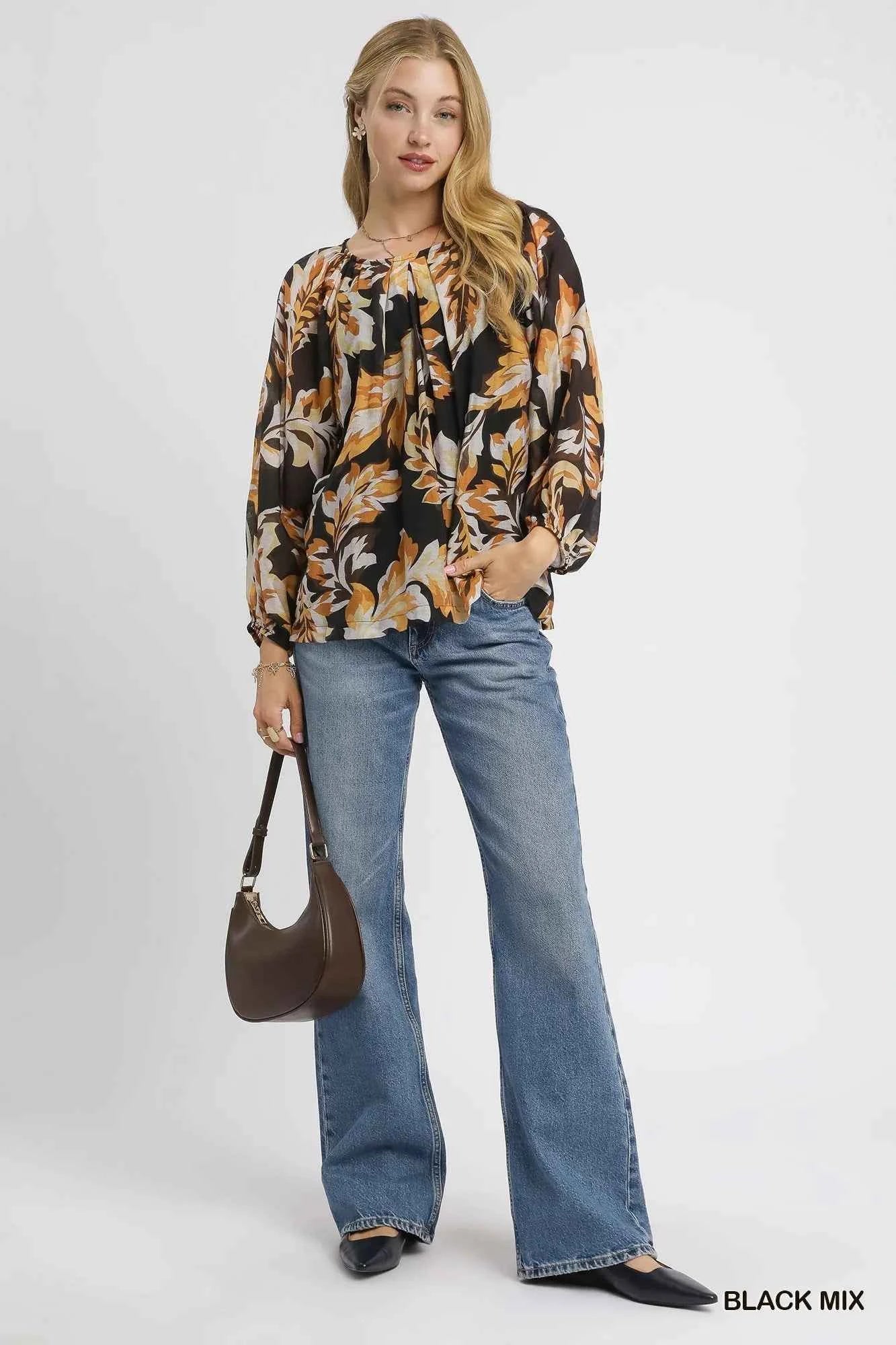 Umgee Autumn Leaf Print Balloon Sleeve Blouse 1a1ab243-d193-4379-84ef-cf40eb3ce5d8-Max-Origin