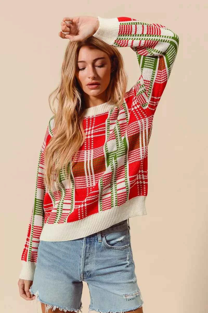 SO ME Christmas Color Checkered Plaid Crew Neck Sweater 1a205bcffa1d412797dea7a13b1eecda-Max-Origin