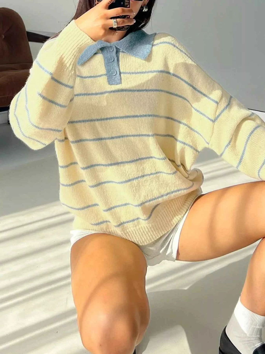 Striped Polo Collar Long Sleeve Sweater 1a21afce-da2d-484d-9f26-21dd81f672d0-Max-Origin