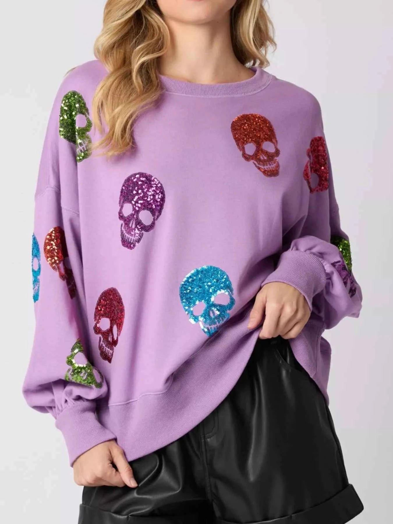Halloween Colorful Skull Sequin Oversized Sweatshirt 1a254806-cc07-49fb-9614-f62194505c8b-Max-Origin