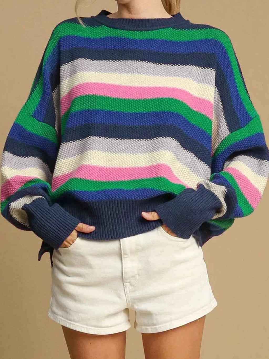 Rainbow Striped Crew Neck Drop Shoulder Sweater Dark Green 1a2a2c17ac2e4daea212aefa5f2bde43-Max-Origin