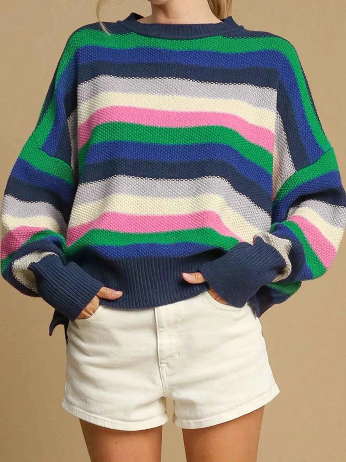 Rainbow Striped Crew Neck Drop Shoulder Sweater Dark Green 1a2a2c17ac2e4daea212aefa5f2bde43-Max-Origin