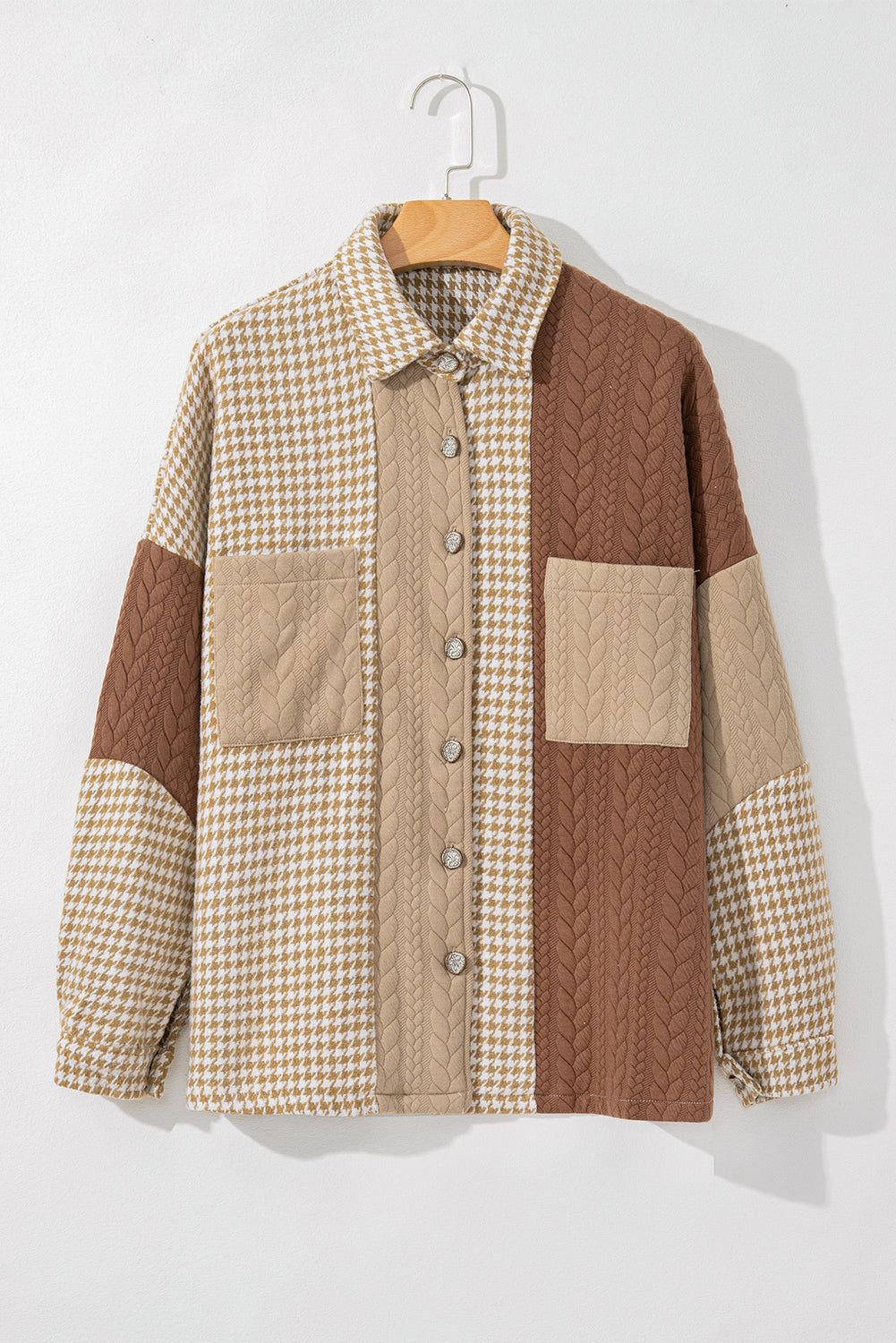 Khaki Houndstooth Textured Patchwork Loose Shacket 1a2dd9c9dd2d430f