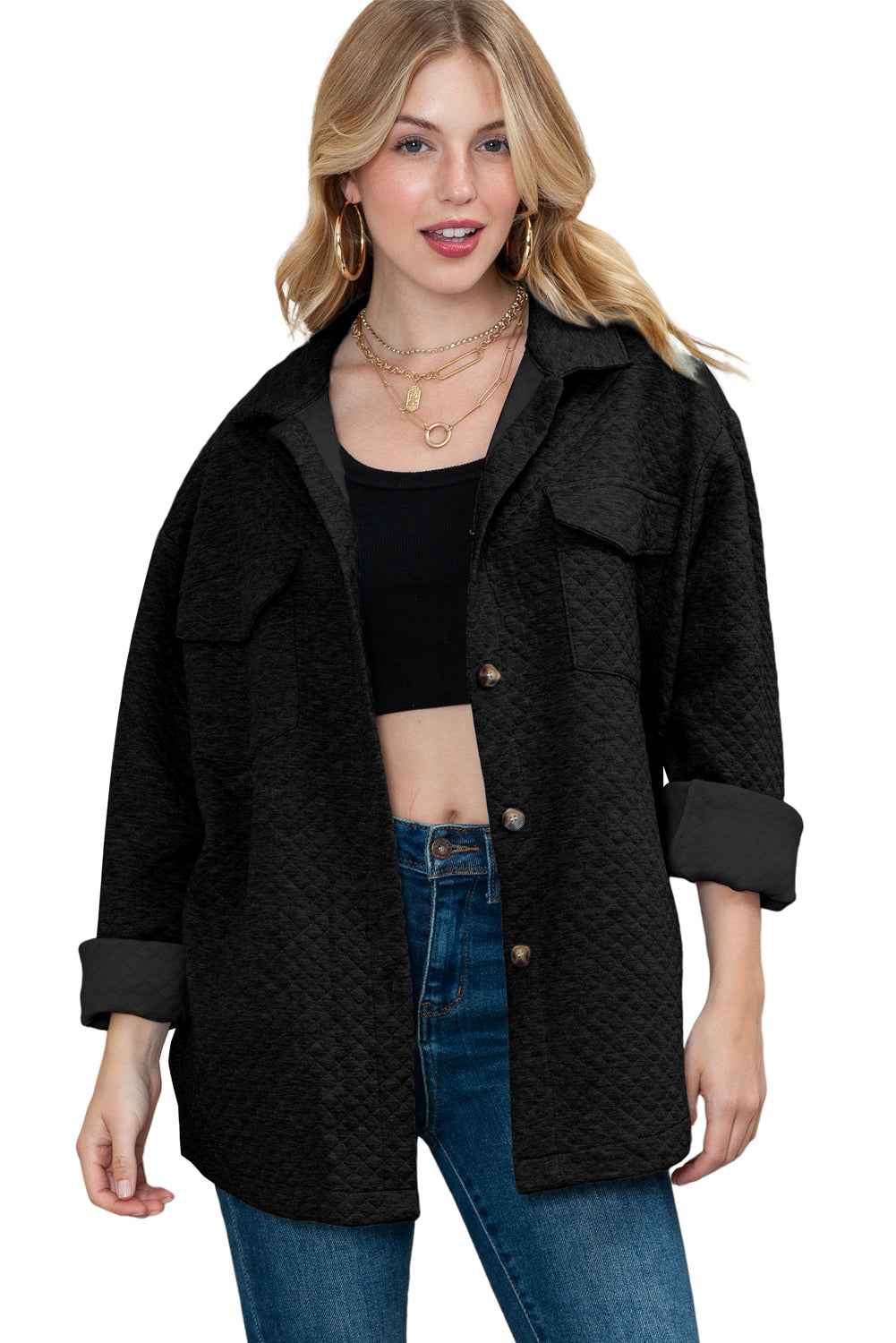 Black Lattice Texture Retro Flap Pocket Button Quilted Shacket 1a2e7b7fca48cac5