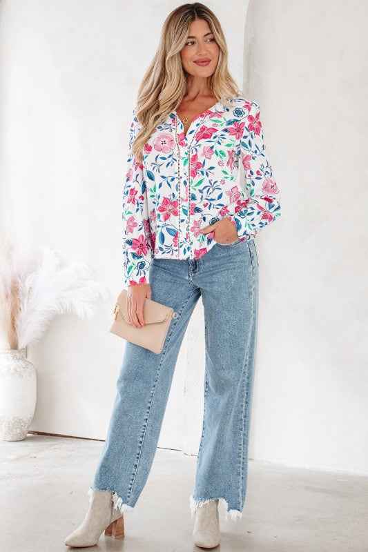 Floral Lace Trim Buttoned Long Sleeve Shirt 1a2ef956-c64f-406d-941f-2c77298d7116