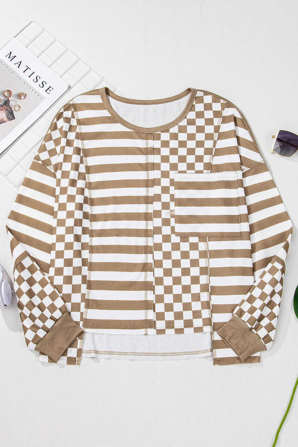 Checker & Stripes Round Neck Long Sleeve Blouse