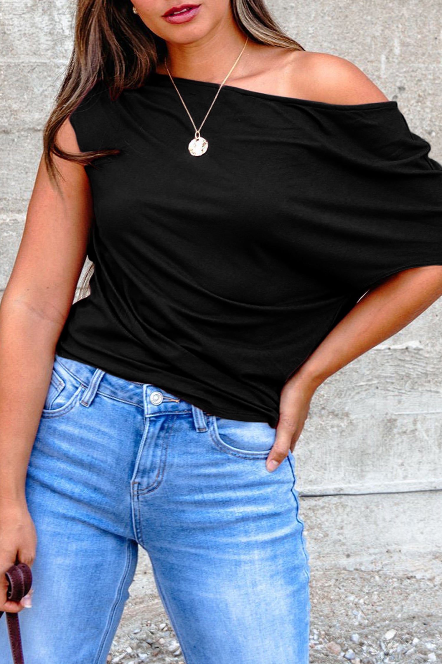 Blue Sapphire Plus Size Solid Color Asymmetric Neck Short Sleeve Blouse Black 62%Polyester+32%Cotton+6%Elastane 1a2fdb4470ba6e33