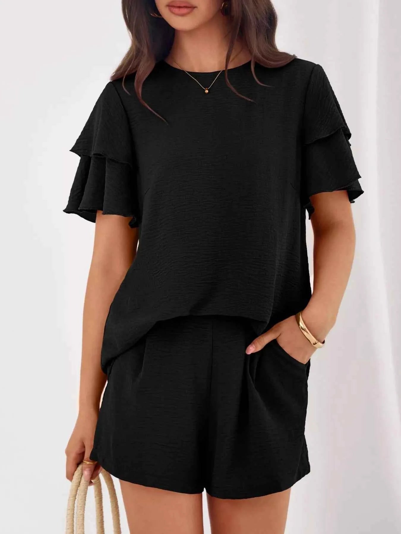 Ruffle Sleeve Top and Shorts Two-Piece Set Black 1a30f180-0fab-4ac3-9aac-116c273d88c8-Max-Origin