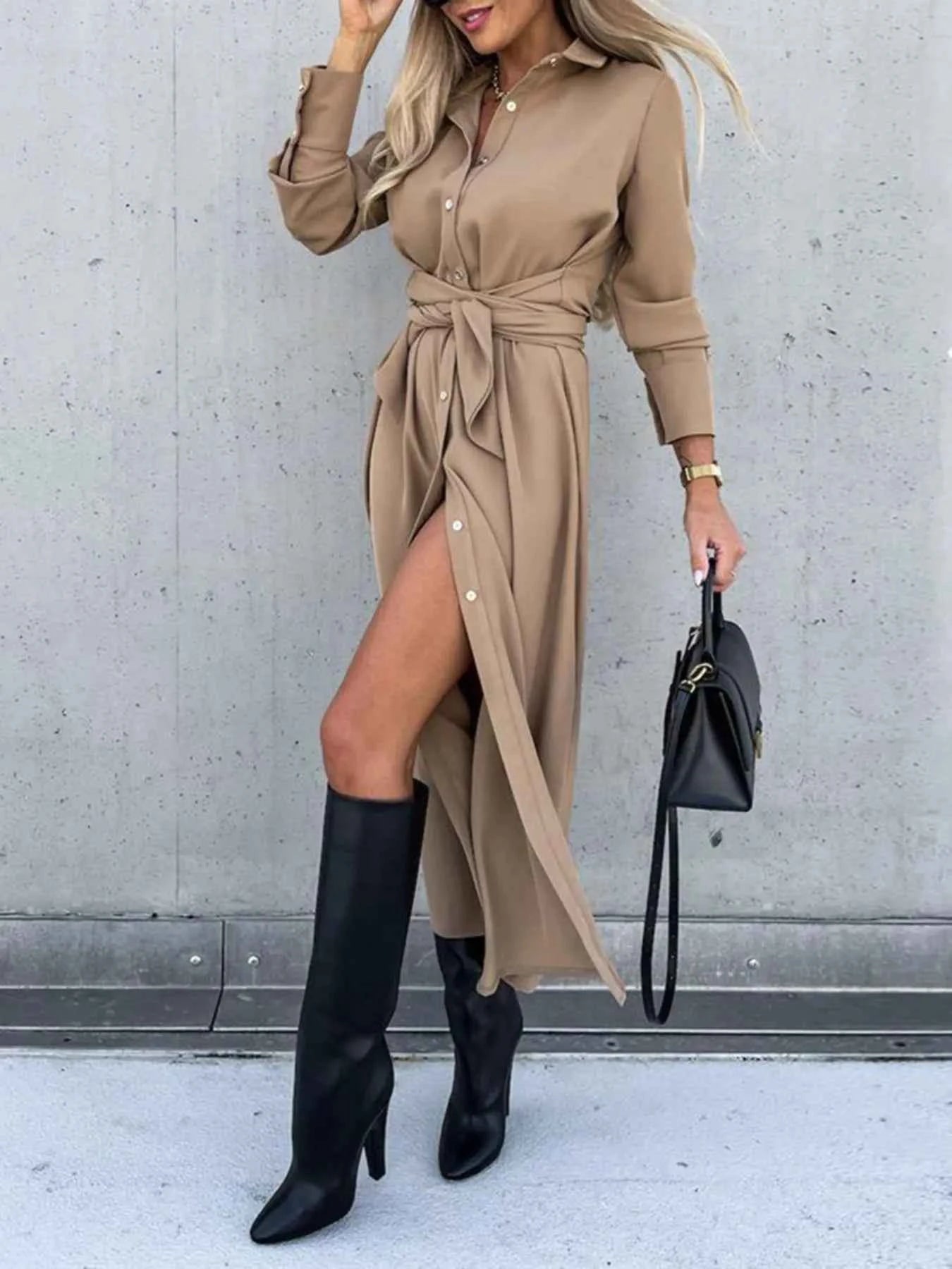 Button Front Long Sleeve Shirt Dress Camel 1a310aaf-5c14-4f35-8442-2704b051c006-Max-Origin