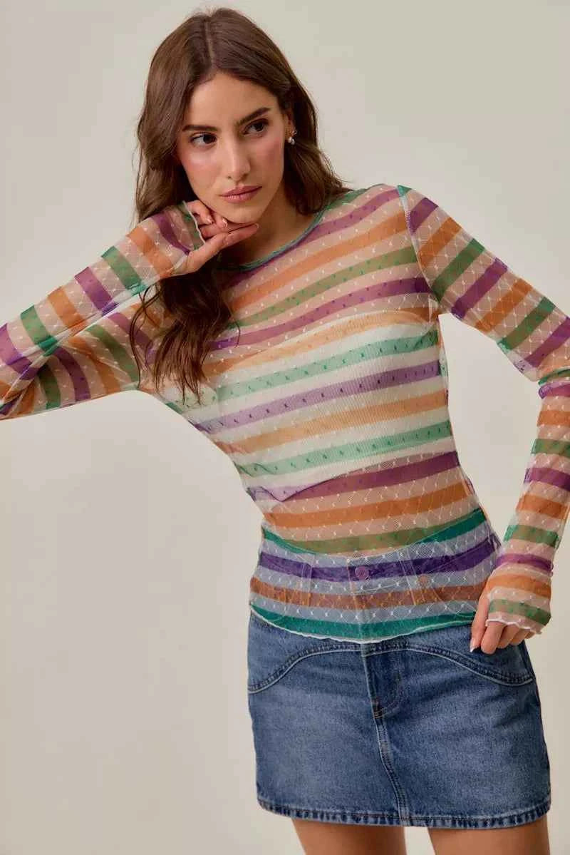 SO ME Mardi Gras Color Stripe Stretch Mesh Top 1a35bf1afe2c461d9d8155c0b22baf84-Max-Origin