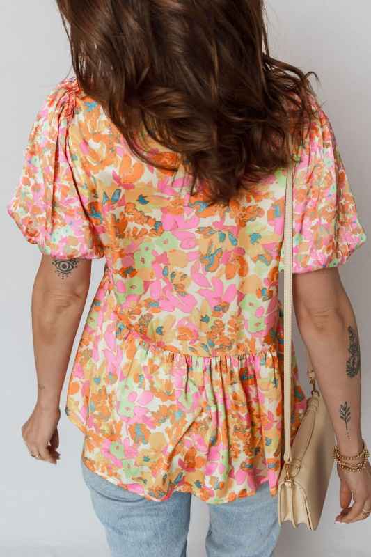 Flower Split V-Neck Short Sleeve Blouse 1a35c54e-e4f9-4cdf-892b-c9b11d31d05c